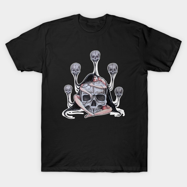 Skull girl black background T-Shirt by Dracuria